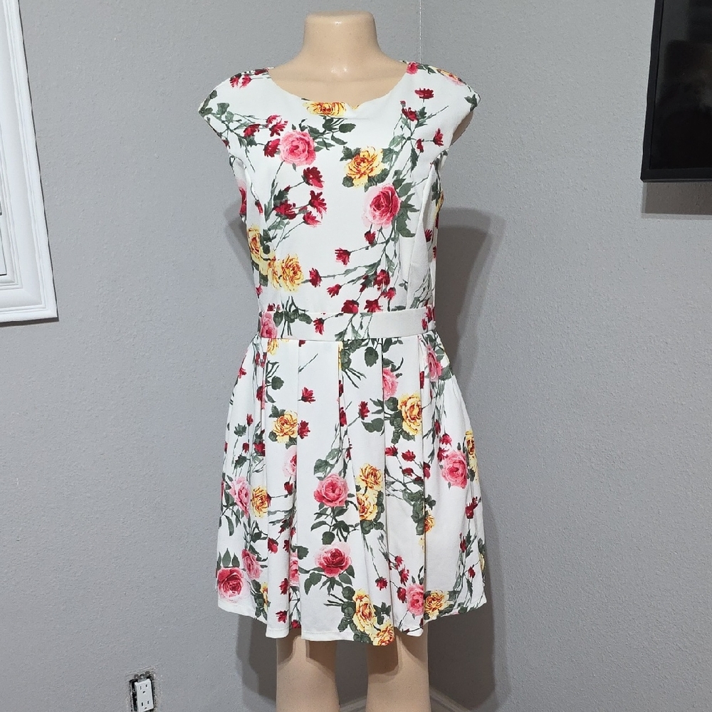 Emerald Sundae White Floral Fit-&-Flare Mini Dress with Pink & Yellow Roses